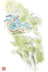 Rule 34 | absurdres, animal, bird, commentary request, crane (animal), dragon, eastern dragon, grass, green background, highres, hotathino, imitating, original, outdoors