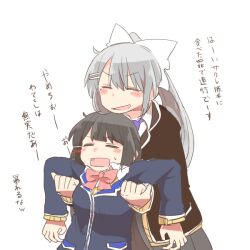 2girls :d black_hair black_jacket blazer blue_jacket blush_stickers bow closed_eyes collared_shirt grey_hair grey_skirt hair_bow hair_ornament hairclip higuchi_kaede higuchi_kaede_(1st_costume) jacket mole mole_under_eye multiple_girls necktie nijisanji open_mouth pink_bow pleated_skirt ponytail purple_necktie rebecca_(keinelove) school_uniform shirt simple_background skirt smile translation_request tsukino_mito tsukino_mito_(1st_costume) v-shaped_eyebrows virtual_youtuber white_background white_bow white_shirt