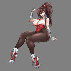 1girl absurdres breakers breakers_revenge breasts brown_hair cleavage curvy gloves headband highres large_breasts leotard long_hair pantyhose shoes sleeveless sleeveless_jacket sneakers solo thick_thighs thighs tia_langray