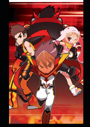 1girl 2boys animal_ears anime_coloring ankle_boots arm_belt bandage_on_cheek bare_shoulders belt black_border black_collar black_gloves blonde_hair blush boots border bridal_gauntlets brown_hair cape clenched_hands clock clock_necklace closed_mouth collar collared_jumpsuit copyright_name dangerama dual_persona etranger frilled_skirt frills frown fur-trimmed_sleeves fur_trim gloves hair_ornament hairclip halftone hat helmet highres horizontal-striped_sleeves ichimonji_pirohiko imaizumi_teruhiko jumpsuit looking_at_viewer miniskirt multiple_boys muscular muscular_male nippon_ichi official_art outline pink_hat pink_tank_top rabbit_ears red_background red_cape red_eyes red_scarf red_skirt running running_towards_viewer scarf sideburns skirt sleeveless_jumpsuit smile spiked_hair standing striped_tank_top tank_top teeth thick_eyebrows tokusatsu upper_teeth_only v-shaped_eyebrows white_belt white_footwear white_outline wing_collar yellow_jumpsuit yellow_scarf z.h.p._unlosing_ranger_vs_darkdeath_evilman