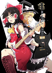 2girls apron ascot bass_guitar black_background black_hair blonde_hair bright_pupils brown_eyes closed_eyes commentary_request detached_sleeves electric_guitar fender_jazz_bass gibson_explorer guitar hair_tubes hakurei_reimu highres holding holding_bass_guitar holding_instrument instrument kirisame_marisa multiple_girls parted_lips red_vest ribbon-trimmed_sleeves ribbon_trim sakamoto_fred short_hair touhou two-tone_background vest white_apron white_background white_pupils yellow_ascot