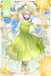 1girl blunt_bangs braid character_name copyright_name dress elbow_gloves full_body gloves green_dress green_eyes grey_hair highres hikaru_dream looking_at_viewer old old_woman pixiv_fantasia pixiv_fantasia_mountain_of_heaven pointy_ears shoes short_hair solo standing sujera_a&#039;lianere_menniah white_gloves white_shoes