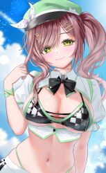 1girl absurdres bikini black_bikini bow bowtie breasts brown_hair cleavage closed_mouth collared_shirt crop_top framed_breasts green_eyes green_hat hair_ornament hairclip hand_up hat highleg highres indie_virtual_youtuber large_breasts long_hair looking_at_viewer midriff miori_celesta navel peaked_cap shirt short_sleeves side_ponytail skindentation smile solo spaghetti_strap stomach string_bikini swimsuit underboob upper_body virtual_youtuber wakaunderblade7 white_shirt