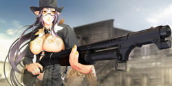 1girl 3d breasts cowboy_hat cowboy_western day elf female_focus game_cg glasses gun hat highres large_breasts lily_salvatana lipstick long_hair makeup nail_polish nishii_(damnedrive) nitroplus non-web_source outdoors pointy_ears pump_action purple_hair shotgun solo underboob very_long_hair weapon winchester_model_1897 yellow_eyes yellow_nails zoku_satsuriku_no_django