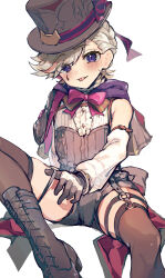 1boy absurdres androgynous black_boots black_hat black_shorts blonde_hair blush boots brown_thighhighs brown_vest genshin_impact hat highres looking_at_viewer lyney_(genshin_impact) male_focus purple_eyes shorts smile solo teardrop_facial_mark thigh_strap thighhighs top_hat vest white_background yoruhachi