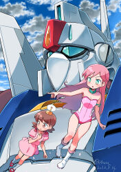 2girls absurdres armlet artist_name bare_arms blue_sky boots breasts brown_eyes cleavage cloud collar commentary dated doraemon doraemon:_nobita_to_tetsujin_heidan dress floating flying green_eyes hand_on_own_chest hand_up highres isedaichi_ken jewelry leotard long_hair looking_to_the_side low_twintails magic mary_janes mecha minamoto_shizuka multiple_girls open_mouth outdoors pink_dress pink_hair pink_leotard pointing puffy_short_sleeves puffy_sleeves red_shoes riruru robot shoes short_hair short_sleeves short_twintails sky small_breasts socks strapless strapless_leotard takecopter twintails twitter_username white_boots white_socks zanda_claus