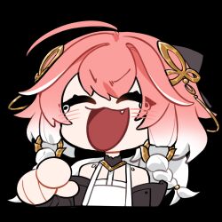 1girl :d ahoge blush changli_(wuthering_waves) chibi closed_eyes fang hair_ornament highres lightcb long_hair multicolored_hair open_mouth pink_hair pointing simple_background smile solo white_hair wuthering_waves