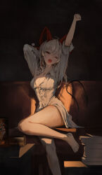 1girl absurdres bags_under_eyes bare_legs barefoot black_tail breasts can collared_shirt commentary couch curled_horns demon_tail drink_can english_commentary hair_between_eyes highres horn_cover horns hwan_(user_cvmy2758) large_breasts legs long_hair mole mole_under_eye multicolored_hair no_bra on_couch one_eye_closed open_mouth paper_stack partially_unbuttoned red_eyes shirt sitting solo streaked_hair stretching tail toes white_hair white_shirt wuthering_waves yawning zani_(wuthering_waves)