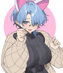 1girl absurdres animal_ears aochoku black_sweater blue_eyes blue_hair blush breasts brown_jacket commentary earrings glasses hair_between_eyes highres holding holding_stylus jacket jewelry large_breasts leona_(aochoku) long_sleeves looking_at_viewer open_clothes open_jacket open_mouth original pink_nails ribbed_sweater simple_background smile solo stud_earrings stylus sweater symbol-only_commentary turtleneck turtleneck_sweater two-tone_background upper_body
