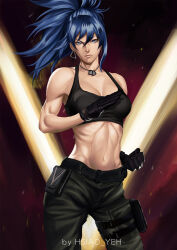 1girl blue_eyes blue_hair breasts earrings female_focus gloves hsiao_yeh jewelry large_breasts leather leona_heidern long_hair looking_at_viewer medium_breasts military pants ponytail standing tank_top the_king_of_fighters