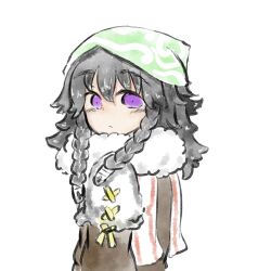 1girl ainu_clothes black_hair braid headscarf highres looking_at_viewer looking_back mikoto3510 painting_(medium) pilika_(rune_factory) purple_eyes rune_factory rune_factory:_guardians_of_azuma scarf traditional_media upper_body watercolor_(medium) white_background