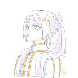 1girl absurdres capelet cropped_torso elf frieren green_eyes hair_over_shoulder highres long_hair parted_bangs parted_lips pointy_ears seila_rei short_eyebrows simple_background solo sousou_no_frieren thick_eyebrows twintails upper_body white_background white_capelet white_hair