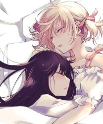 2girls alternate_costume blonde_hair casual closed_eyes commentary_request couple cuddling detached_sleeves frilled_shirt frilled_sleeves frills hair_ribbon highres hug inoue_takina long_hair lycoris_recoil lying messy_hair multiple_girls mutual_hug nishikigi_chisato on_side parted_lips purple_hair red_ribbon ribbon sango_(sango3_3) shirt short_hair short_sleeves sleeping sleepwear under_covers upper_body white_shirt yuri