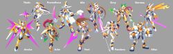 Rule 34 | 4girls, 6+boys, absurdres, aeolus (mega man), aile (mega man zx), alternate costume, alternate eye color, alternate hair color, alternate hair length, alternate hairstyle, alternate weapon, armor, ashe (mega man), atlas (mega man), blonde hair, breasts, brown hair, capcom, cape, claw (weapon), claws, commentary, commission, corruption, dark persona, energy weapon, energy wings, english commentary, english text, evil smile, floating, floating object, gloves, glowing, glowing eyes, green eyes, grey (mega man), grey background, gun, helmet, highres, holding, holding gun, holding scythe, holding staff, holding sword, holding weapon, horns, leaning on weapon, long hair, looking at viewer, looking to the side, mega man (series), mega man zx, mega man zx advent, model w (mega man), multiple boys, multiple girls, pandora (mega man), ponytail, possessed, possession, prometheus (mega man), red eyes, red hair, scythe, siarnaq (mega man), smile, staff, standing, standing on one leg, sword, thetis (mega man), ultimatemaverickx, vent (mega man), weapon, wings