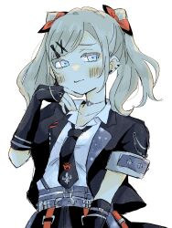 Rule 34 | 1girl, :p, black gloves, black jacket, black necktie, blush, ceras yanagida lilienfeld, closed mouth, collarbone, collared shirt, commentary, cone hair bun, double bun, elbow gloves, fingerless gloves, gloves, grey hair, hair bun, hair ornament, highres, i do me! (love live!), jacket, link! like! love live!, looking at viewer, love live!, necktie, official alternate costume, open clothes, open collar, open jacket, panda no gohan, shirt, short-sleeved jacket, short sleeves, simple background, smile, solo, tongue, tongue out, twintails, upper body, virtual youtuber, white background, white shirt, x hair ornament