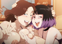 1boy 2girls absurdres age_difference breasts censored cleavage david_(hilda) fellatio highres hilda_(series) jcm2 johanna_(hilda) kaisa_(hilda) large_breasts medium_breasts multiple_girls nipples onee-shota oral shot