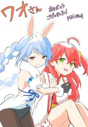 2girls :d ahoge animal_ear_fluff animal_ears bare_shoulders black_leotard blue_hair blush braid brown_eyes brown_pantyhose closed_mouth commentary_request detached_sleeves don-chan_(usada_pekora) dress feet_out_of_frame green_eyes hair_ornament hairclip highres hololive japanese_clothes kimono kiritoma knees_up leotard long_hair long_sleeves multicolored_hair multiple_girls one_side_up open_mouth pantyhose puffy_short_sleeves puffy_sleeves rabbit-shaped_pupils rabbit_ears red_hair sakura_miko sakura_miko_(1st_costume) short_eyebrows short_sleeves simple_background sitting sleeveless sleeveless_kimono smile strapless strapless_dress strapless_leotard symbol-shaped_pupils thick_eyebrows twin_braids twintails two-tone_hair usada_pekora usada_pekora_(1st_costume) very_long_hair white_background white_dress white_hair white_kimono white_sleeves wide_sleeves x_hair_ornament