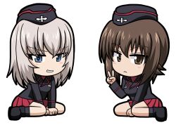 Rule 34 | 2girls, black hat, black jacket, blue eyes, brown eyes, brown hair, chibi, colored skin, cross, evil smile, girls und panzer, grey hair, hat, itsumi erika, jacket, kamishima kanon, kuromorimine military uniform, light blush, looking at viewer, military hat, multiple girls, nishizumi maho, red shirt, red skirt, serious, shirt, short hair, sitting, skirt, smile, v, white background, white skin