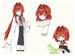 1girl :o ange_katrina ange_katrina_(1st_costume) ange_katrina_(4th_costume) ayuko_ammobium black_coat black_necktie black_shoes black_skirt blue_eyes border cardigan chibi closed_mouth coat collared_shirt commentary_request cup dot_mouth dot_nose enpera flat_chest gradient_eyes grey_shirt hair_intakes hair_ornament hand_up high-waist_skirt highres holding holding_cup lab_coat lapels light_blush long_hair long_sidelocks long_sleeves looking_at_object looking_at_viewer medium_hair miniskirt mug multicolored_eyes multiple_views necktie nijisanji notched_lapels off_shoulder open_clothes open_coat pink_background pleated_skirt purple_eyes red_cardigan red_hair scarf shirt shirt_tucked_in shoes sidelocks simple_background skirt steaming_cup toy_dinosaur triangle_hair_ornament very_long_hair virtual_youtuber white_border white_coat white_scarf