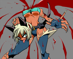 1girl bell bikini blood breasts collar detachable_head disembodied_head female_focus fingerless_gloves gloves komodo_robo ms._fortune_(skullgirls) neck_bell severed_head simple_background skullgirls solo swimsuit tongue tongue_out
