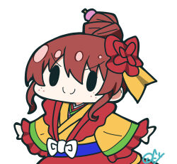 &gt;:) 1girl absurdres bow brown_hair c: cara_tesoro chibi chibi_only closed_mouth commentary emma_verde flower freckles hair_between_eyes hair_bun hair_flower hair_ornament hashtag-only_commentary highres japanese_clothes kimono long_sleeves love_live! love_live!_nijigasaki_high_school_idol_club love_live!_nijigasaki_high_school_idol_club_the_movie_-_finale official_alternate_costume official_alternate_hairstyle oofushi_ao red_flower short_hair sidelocks signature simple_background single_hair_bun smile solid_oval_eyes solo split_mouth v-shaped_eyebrows white_background white_bow wide_sleeves yellow_kimono