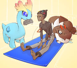 1boy amaura black_hair dark_skin gen_6_pokemon grant_(pokemon) grey_pants newspaper nintendo pants pokemon pokemon_xy sute_(shikakushi) tyrunt
