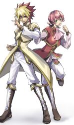 2boys blonde_hair brothers brown_hair coat full_body green_eyes highres iii_(yu-gi-oh!) iv_(yu-gi-oh!) jacket male_focus medium_hair multicolored_hair multiple_boys pants pink_hair red_jacket shikiruru siblings simple_background spiked_hair two-tone_hair white_background white_pants yellow_coat yu-gi-oh! yu-gi-oh!_zexal