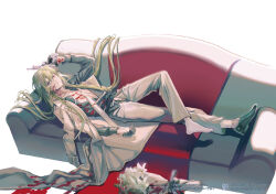 1boy bare_pectorals belt belt_buckle black_belt black_gloves black_shirt black_shoes blanket blood blood_on_chest blood_on_face blood_stain bouquet buckle cangchen coat coat_on_shoulders collared_coat couch dot_nose dress_pants dress_shoes enkidu_(fate) expressionless fate/grand_order fate_(series) flower full_body genderswap genderswap_(otm) gloves green_hair gun hair_between_eyes hair_flowing_over half_gloves handgun holding holding_gun holding_weapon lapels lily_(flower) long_hair long_sleeves lying male_focus necktie notched_lapels on_back on_couch pants parted_lips pectorals shirt shoes simple_background single_shoe sleeve_cuffs socks solo tie_clip very_long_hair weapon white_background white_coat white_flower white_necktie white_pants white_socks