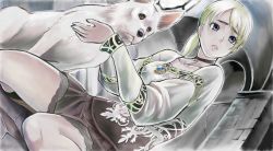 1girl animal blonde_hair blue_eyes breasts capcom choker demento dog fiona_belli hanabusa_(xztr3448) hewie highres jewelry long_hair medium_breasts miniskirt pendant ponytail sitting skirt