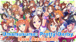 6+girls agnes_tachyon_(umamusume) ahoge air_groove_(umamusume) animal_ears arm_up blue_eyes blunt_bangs bow breasts commentary company_name confetti copyright_name copyright_notice cygames daiwa_scarlet_(umamusume) ear_bow ear_covers ear_ornament ear_ribbon english_commentary english_text everyone flower_in_eye gloves gold_ship_(umamusume) grass_wonder_(umamusume) green_bow grey_hair hair_between_eyes hair_ornament hair_over_one_eye haru_urara_(umamusume) highres horse_ears horse_girl horseshoe_ornament king_halo_(umamusume) long_hair long_sleeves maneki-neko maruzensky_(umamusume) mask matikanefukukitaru_(umamusume) mayano_top_gun_(umamusume) medium_hair mejiro_mcqueen_(umamusume) mejiro_ryan_(umamusume) multicolored_hair multiple_girls nice_nature_(umamusume) official_art oguri_cap_(umamusume) one_eye_closed open_mouth orange_hair pink_hair pointing puffy_short_sleeves puffy_sleeves purple_eyes purple_hair ribbon rice_shower_(umamusume) sakura_bakushin_o_(umamusume) second-party_source short_hair short_sleeves silence_suzuka_(umamusume) single_ear_cover smile special_week_(umamusume) super_creek_(umamusume) symbol_in_eye symboli_rudolf_(umamusume) taiki_shuttle_(umamusume) teeth tokai_teio_(umamusume) umamusume upper_body upper_teeth_only vodka_(umamusume) white_gloves white_hair winning_ticket_(umamusume)