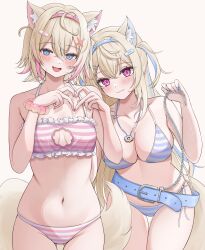 Rule 34 | 2girls, 7nopi, :3, :d, absurdres, ahoge, alternate costume, animal ear fluff, animal ears, armpit crease, bare shoulders, belt, belt buckle, bikini, blonde hair, blue belt, blue bikini, blue eyes, blue hairband, blush, bracelet, breasts, buckle, chain, cleavage, closed mouth, collarbone, commentary request, cowboy shot, crossed bangs, curled fingers, curled tail, dog ears, dog girl, dog tail, dot nose, double-parted bangs, embarrassed, eyebrows hidden by hair, fake horns, fang, four-finger heart hands, frilled bikini top, fuwawa abyssgard, gluteal fold, groin, hair between eyes, hair intakes, hair ornament, hairband, hairclip, half-closed eyes, hands up, head tilt, heart, heart hands, highres, holding, holding chain, hololive, hololive english, horn hairband, horns, jewelry, leaning forward, leaning to the side, legs together, long eyelashes, long hair, looking at viewer, loose belt, medium breasts, mococo abyssgard, multicolored bikini, multicolored hair, multiple girls, narrowed eyes, navel, necklace, open mouth, own hands together, parallel hairclips, parted hair, pink bikini, pink eyes, pink hair, pink hairband, pink nails, pink streaks, raised eyebrows, raised inner eyebrows, short hair, siblings, side-tie bikini bottom, sidelocks, simple background, sisters, skin fang, skindentation, small breasts, smile, sparkling eyes, standing, straight-on, streaked hair, string bikini, striped bikini, striped blush, striped clothes, sweatdrop, swimsuit, tail, thick eyelashes, thigh gap, thighs, two-tone bikini, two-tone hair, two side up, very long hair, virtual youtuber, white background, white bikini, wide hips, x hair ornament