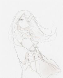 1girl camisole coat commentary_request expressionless flat_chest gakuen_idolmaster highres idolmaster japanese_clothes long_hair looking_at_viewer monochrome open_clothes open_coat ozawa_0v0 shinosawa_hiro shorts simple_background sketch solo