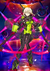 1girl ahoge armored_bodysuit armored_boots artoria_pendragon_(fate) black-framed_eyewear blonde_hair bodysuit boots breasts breasts_apart bunbun closed_mouth double-parted_bangs dual_wielding energy_scythe expressionless fate/grand_order fate_(series) floating_hair floating_headgear full_body game_cg glasses gloves gorget hair_between_eyes headgear holding holding_scythe holding_weapon impossible_bodysuit impossible_clothes juliet_sleeves long_sleeves looking_to_the_side medium_breasts mysterious_heroine_xx_alter_(fate) official_art puffy_sleeves red_gloves round_eyewear science_fiction scythe semi-rimless_eyewear short_hair sidelocks solo space third-party_source under-rim_eyewear variant_set weapon yellow_eyes