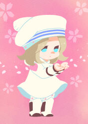 1boy absurdres alternate_costume blue_eyes boots chibi commentary commentary_request dress floral_background grey_hair hands_up hat heart_ornament highres hood hood_down hooded_dress johnny_joestar jojo_no_kimyou_na_bouken jojolion long_sleeves looking_at_hand m_a_a_m_8 male_focus medium_hair pants petals pink_background riding riding_boots sailor_hat solo standing star_(symbol) star_print sun white_boots white_dress white_hat white_pants