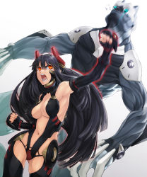 1girl armpits ayaki bad_id bad_pixiv_id bare_shoulders black_hair breasts center_opening large_breasts leotard long_hair motion_blur muscular navel open_mouth original punching red_eyes uppercut