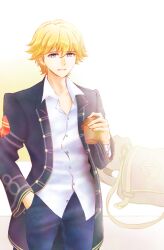 1boy azu_rin_go bag blonde_hair blue_coat blue_eyes bokujou_monogatari bokujou_monogatari:_mittsu_no_sato_no_taisetsuna_tomodachi brown_bag closed_mouth coat collarbone collared_shirt cowboy_shot cup denim disposable_coffee_cup disposable_cup flipped_hair hair_between_eyes hand_in_pocket highres holding holding_cup jeans long_sleeves looking_at_viewer male_focus pants shirt short_hair shoulder_bag smile solo untucked_shirt wayne_(bokujou_monogatari) white_background white_shirt yellow_background