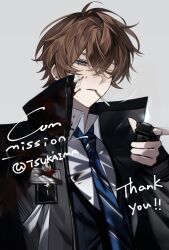 1boy bandaid bandaid_on_face black_coat blood blood_on_face blue_eyes blue_necktie brown_hair cigarette coat collared_shirt earrings english_text grey_background hair_between_eyes highres holding jacket jewelry lighter long_sleeves looking_at_viewer male_focus minirai0707 necktie one_eye_closed open_clothes open_coat original shirt short_hair simple_background smoke smoking twitter_username upper_body watermark white_shirt