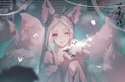 Rule 34 | 1girl, ai xiao meng, animal, animal ear fluff, animal ears, beads, bird, blush, bug, butterfly, chinese text, closed mouth, dress, fingernails, fog, fox ears, fox girl, fox tail, highres, holding, holding animal, insect, kitsune, light particles, long-tailed tit, long hair, looking at viewer, multiple tails, one eye closed, original, parted bangs, plant, presenting, red eyes, smile, solo, tail, tit (bird), upper body, white dress, white hair, white tail