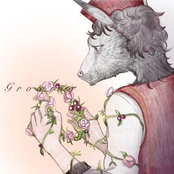 Rule 34 | 1boy, animal head, donkey head, english text, flower, from side, gradient background, hands up, highres, holding, holding wreath, long sleeves, looking at flowers, male focus, moon10, nick bottom (reverse:1999), pink flower, plant, red vest, reverse:1999, shirt, simple background, solo, upper body, vest, vines, white shirt