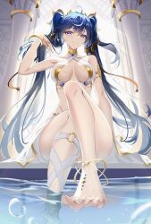1girl absurdres adapted_costume ahoge bare_legs bare_shoulders barefoot blue_eyes blue_hair breasts chinese_commentary commentary_request criss-cross_halter feet gradient_hair halterneck hand_up head_wreath highres iuno_(wuthering_waves) kaede_uehara large_breasts legs long_hair looking_at_viewer multicolored_hair parted_lips partial_commentary sitting smile solo tacet_mark_(wuthering_waves) thighs toes twintails very_long_hair wuthering_waves
