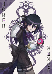 1boy alternate_costume black_capelet black_hair black_shorts black_thighhighs blush bow bowtie buttons capelet card commentary danganronpa_(series) danganronpa_v3:_killing_harmony english_text explosive flipped_hair flower frilled_shirt frills from_side gloves grenade grin hair_between_eyes hand_up highres holding holding_grenade joker_(playing_card) long_sleeves looking_at_viewer male_focus medium_hair oma_kokichi playing_card puffy_sleeves purple_bow purple_bowtie purple_hair purple_ribbon ribbon rose saigawa_genshin shirt shorts simple_background smile solo suspenders teardrop_facial_mark thighhighs