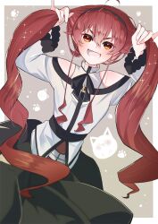 1girl alternate_hairstyle arms_up blush breasts bunching_hair eris_greyrat hairband highres legs long_hair long_skirt looking_at_viewer mushoku_tensei open_mouth pantyhose playing_with_own_hair popokki red_eyes red_hair skirt small_breasts smile teeth thighs tongue twintails very_long_hair