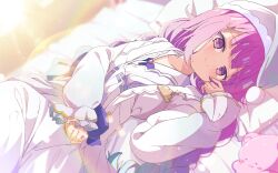 1girl bed bedroom blue_bow blue_hair blunt_bangs blurry blurry_background blush bow braid closed_mouth commission crescent crescent_hair_ornament dress dutch_angle hair_ornament hat highres indoors lens_flare long_hair long_sleeves looking_at_viewer lying minato_aqua multicolored_hair on_back on_bed on_side open_clothes original pillow pink_eyes pink_hair purple_eyes purple_hair shiro9jira skeb_commission smile solo stuffed_animal stuffed_toy sunlight teddy_bear twin_braids two-tone_hair virtual_youtuber white_dress