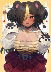 1girl animal_ears asymmetrical_hair bare_shoulders bear_ears bear_girl belt black_collar black_hair black_nails blonde_hair breasts bright_pupils chain chain_necklace character_name charlotte_bear clothes_writing collar commission cross cross_earrings dark-skinned_female dark_skin dinosaur ear_piercing earrings fangs fingernails grid grid_background hair_over_one_eye heart highres indie_virtual_youtuber jewelry large_breasts long_hair long_sleeves melting multicolored_hair nail_polish necklace open_mouth paw_print piercing plaid_clothes plaid_skirt red_eyes red_skirt see-through_clothes shirt shirt_tucked_in single_bare_shoulder skeb_commission skirt sleeves_past_wrists smile solo sticker streaked_hair striped studded_collar teeth tight_clothes tight_shirt tongue torn torn_clothes trente twintails twitter_username virtual_youtuber white_pupils