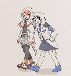 Rule 34 | 2girls, :q, a.i. voice, absurdres, adachi rei, arms behind back, belt, belt pouch, black dress, black leggings, black shirt, bright pupils, cable, cevio, closed mouth, commentary request, drawstring, drawstring pull, dress, full body, gloves, grey skirt, hair ornament, hairclip, highres, hood, hood up, hooded jacket, jacket, kafu (cevio), kamitsubaki studio, leaning forward, leggings, long sleeves, looking at viewer, low twintails, multiple girls, one eye closed, open clothes, open jacket, open mouth, orange belt, orange eyes, orange hair, paper texture, pouch, purple eyes, sabaku (saba9), shirt, shirt tucked in, shoes, simple background, skirt, smile, sneakers, tongue, tongue out, traditional media, twintails, utau, walking, watercolor pencil (medium), white gloves, white jacket, white leggings, white pupils, zipper pull tab