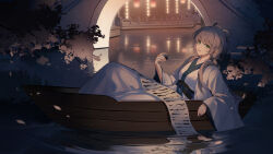 1girl absurdres black_sash boat chinese_clothes commentary_request cup green_eyes grey_hair hanfu highres holding holding_cup kanvien long_hair long_sleeves looking_at_viewer low_ponytail luo_tianyi obi open_mouth outdoors ponytail sash scroll sitting smile solo vocaloid vsinger_(vocaloid) water watercraft wide_sleeves