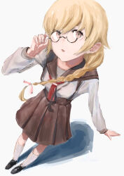Rule 34 | 1girl, absurdres, black shoes, blonde hair, braid, brown sailor collar, brown skirt, glasses, hashtag-only commentary, highres, kneehighs, loafers, long sleeves, looking at viewer, monogatari (series), nanahyakuichi middle school uniform, necktie, oshino shinobu, pleated skirt, red necktie, round eyewear, sailor collar, school uniform, semi-rimless eyewear, shirt, shoes, simple background, single braid, skirt, socks, solo, standing, suspender skirt, suspenders, taki (a313131333), white background, white shirt, white socks, yellow eyes