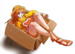 Rule 34 | 1girl, bangle, bare legs, birthday, box, bracelet, breasts, brown eyes, earrings, feet, food, fruit, full body, hat, high heel sandals, holding, holding food, holding fruit, in box, in container, jewelry, large breasts, legs, light blush, long hair, looking at viewer, mandarin orange, nami (one piece), official alternate costume, one piece, orange hair, orange overalls, orange shorts, overalls, pearl earrings, sandals, shampowrado, shorts, sitting, solo, straw hat, sweater, toes, tongue, tongue out, turtleneck, turtleneck sweater, wavy hair, white background, yellow sweater