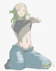 Rule 34 | 1girl, breasts, clothes lift, open fly, pants, tagme, toned, underboob, underwear, wawon (wan wawon)