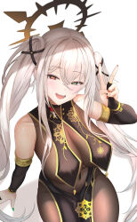 1girl bare_shoulders black_skirt bodysuit breast_curtains breasts brown_bodysuit cleavage detached_sleeves gold_trim green_eyes green_nails halo hand_up highres large_breasts long_hair long_sleeves looking_at_viewer mole mole_on_breast mole_under_eye nail_polish open_mouth original pelvic_curtain raurashun red_eyes red_nails revealing_clothes see-through_clothes see-through_cleavage simple_background sitting skirt smile solo squinting twintails v very_long_hair white_background white_hair